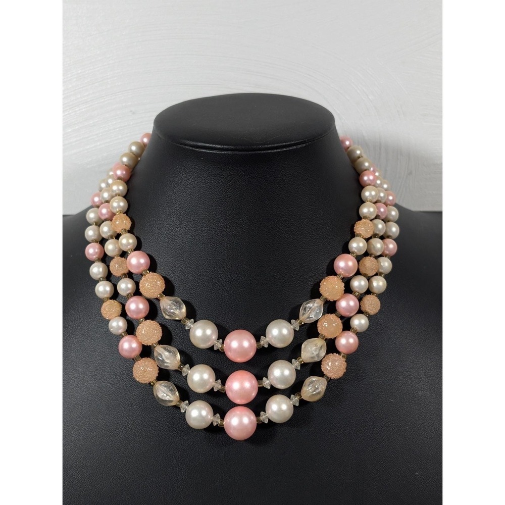 Vintage Japan Pink Faux Pearl Sugar‎ Bead Multi Strand Choker Necklace 17" MCM